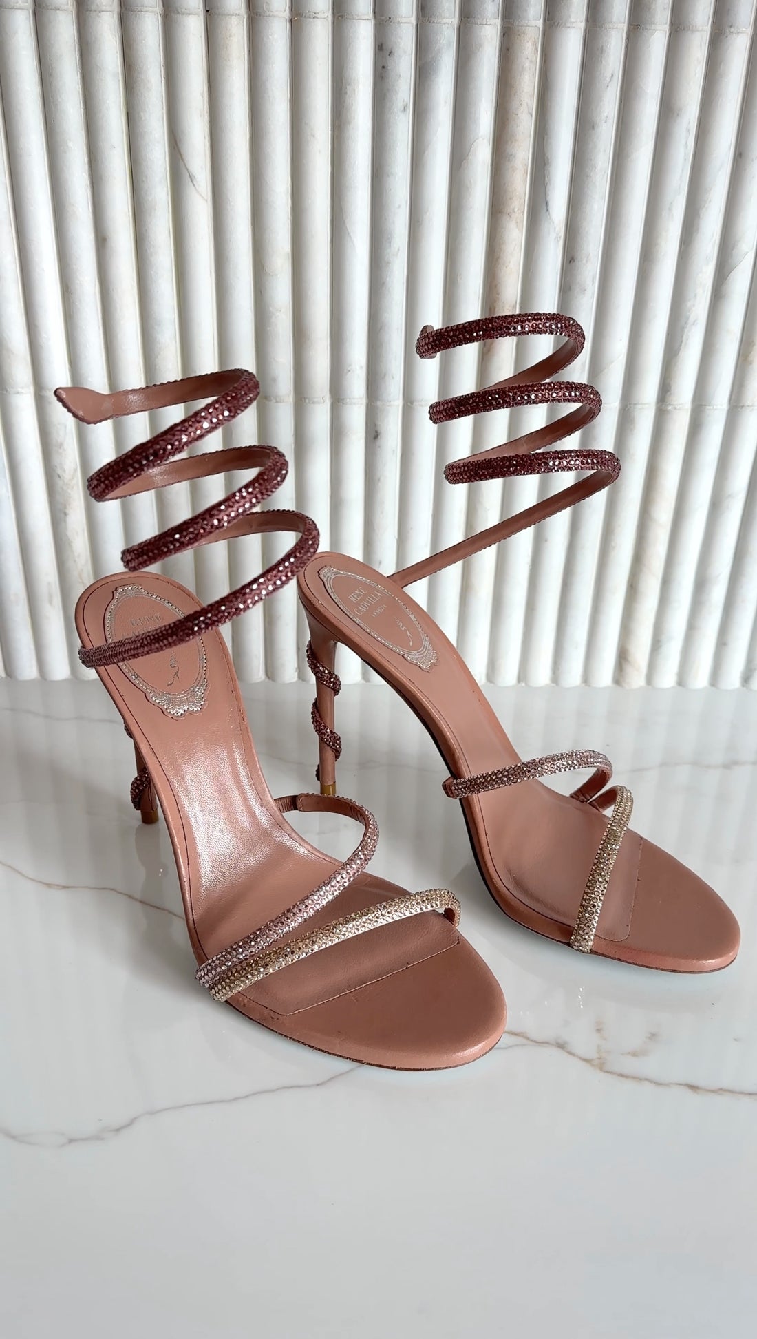 René Caovilla Nude Cleo Strass Crystal Wrap Around Sandals - 37 / 37.5