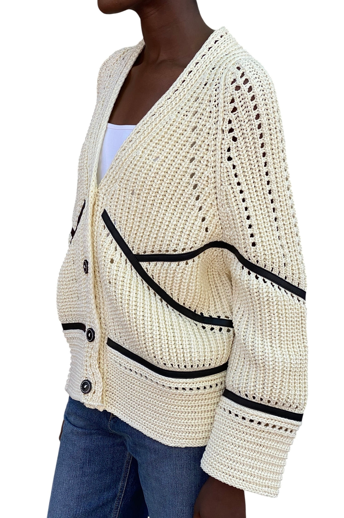 Ermanno Scervino Ivory & Black Leather Trim Cotton Knit Cardigan - S