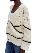 Ermanno Scervino Ivory & Black Leather Trim Cotton Knit Cardigan - S