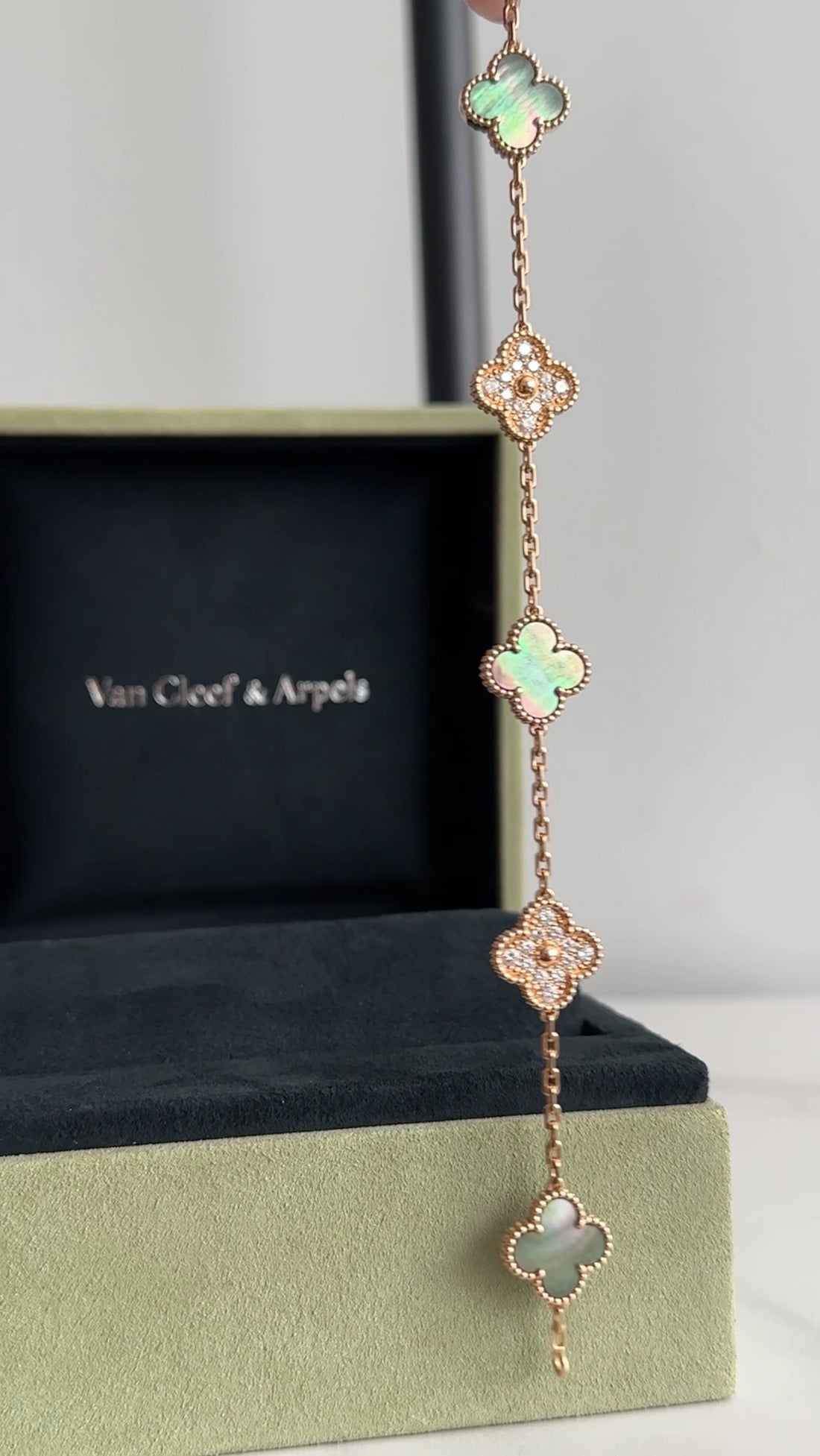 Van Cleef & Arpels 18k Rose Gold 5 Motif Alhambra MOP Diamond Bracelet