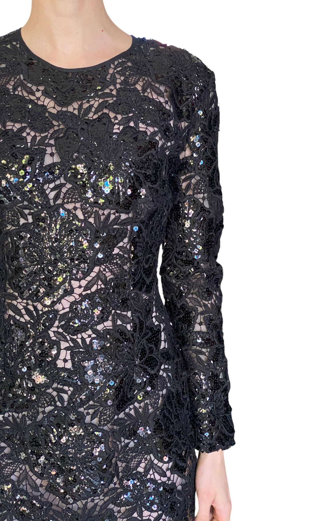 Giambattista Valli Black Sequin Guipure Long Sleeve Cocktail Dress - IT 44 / M / US 6-8