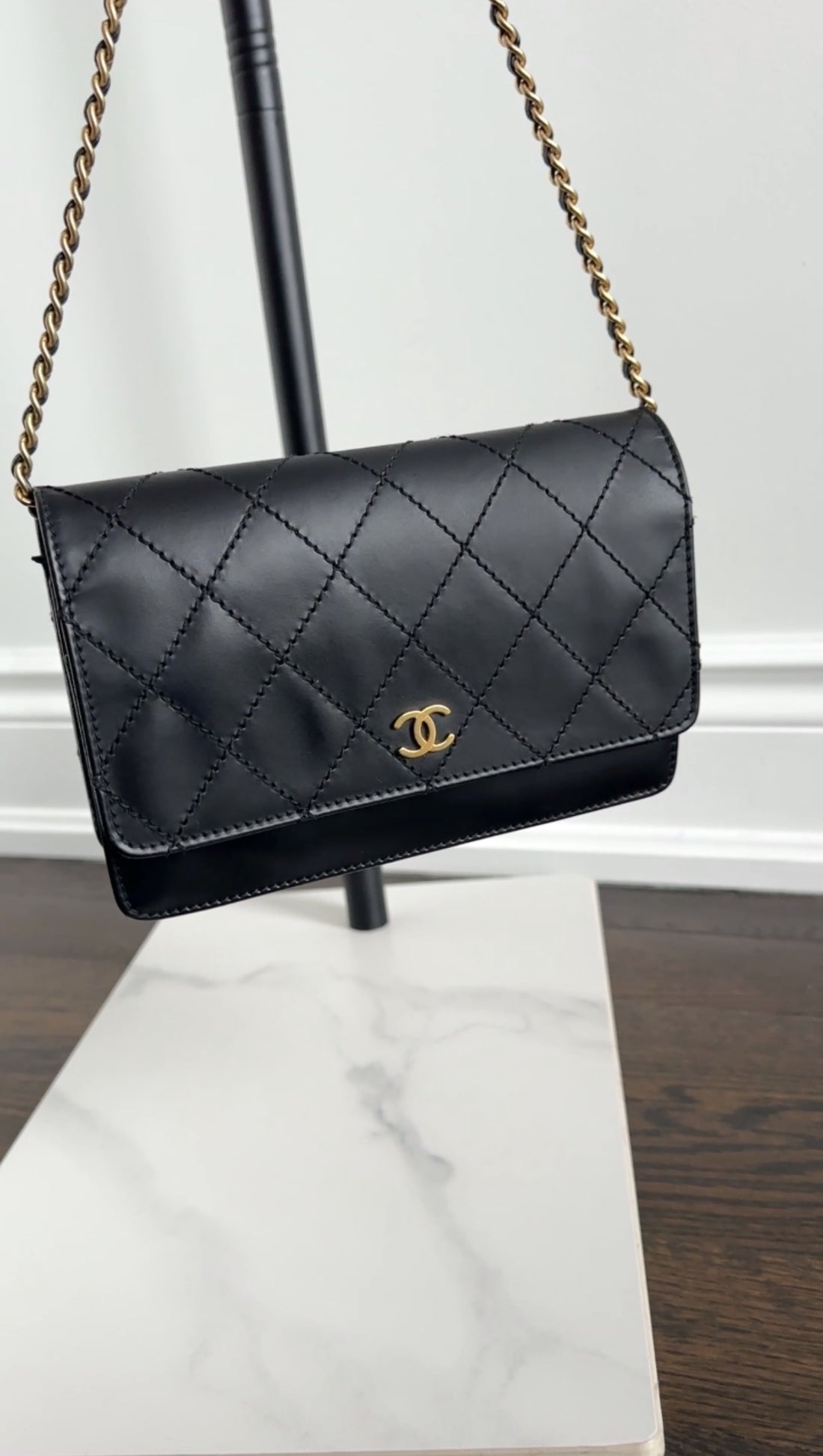Chanel Black Top Stitch Leather Sheepskin WOC Wallet on Chain Bag
