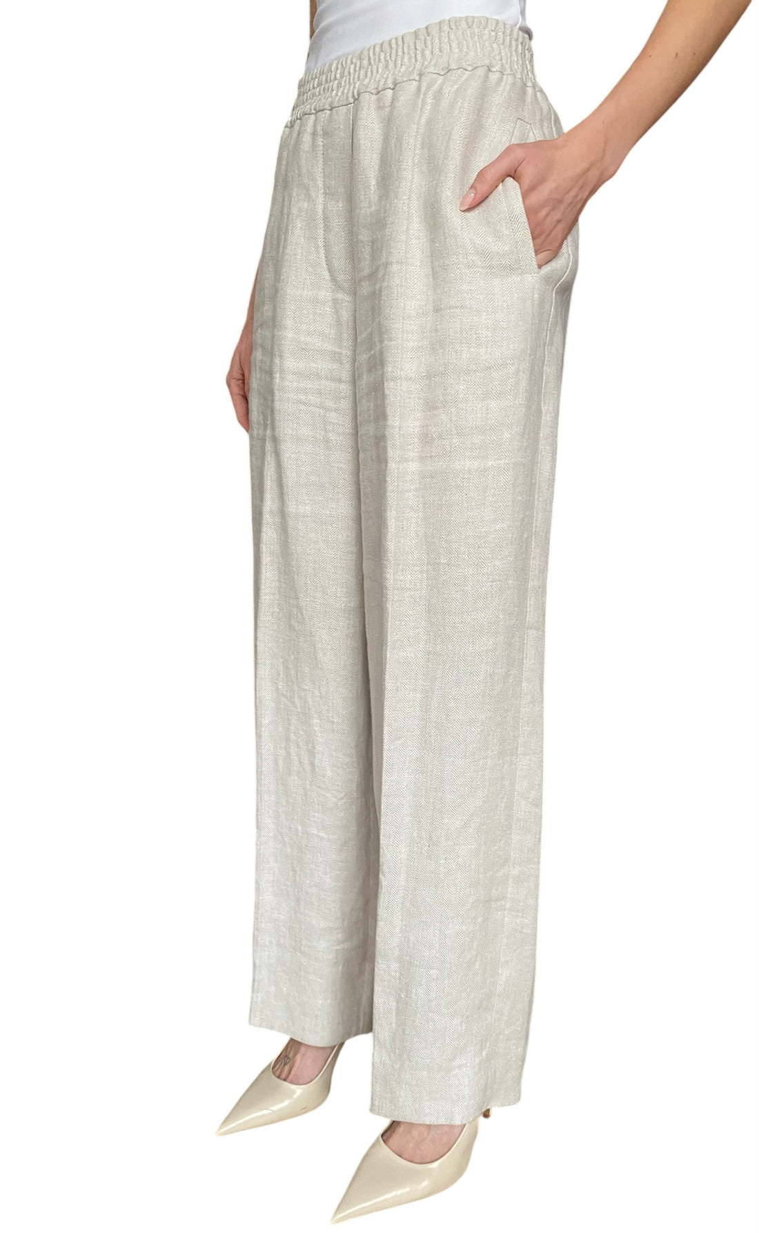 Brunello Cucinelli Beige Linen Elastic Waist Trouser - IT 42 / US 6