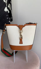 Gucci Toile Canvas and Brown Calfskin Tritone Stripe Web Small Bucket Bag