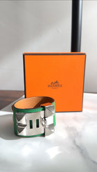 Hermes Bamboo Green Swift PHW Collier de Chien Cuff Bracelet