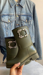 Roger Vivier Green Tempete Viv Strass Crystal Rubber Rain Boots - 38 (Fits 7)