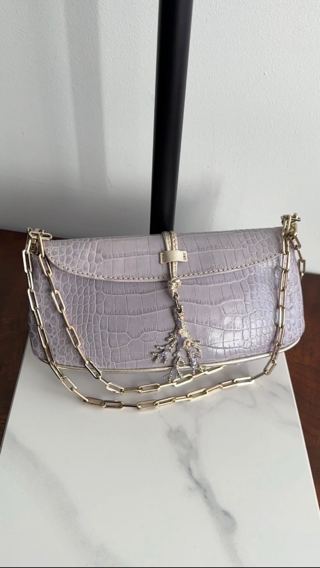 Valentino Pale Lilac Croc-Embossed Baguette Chain Bag