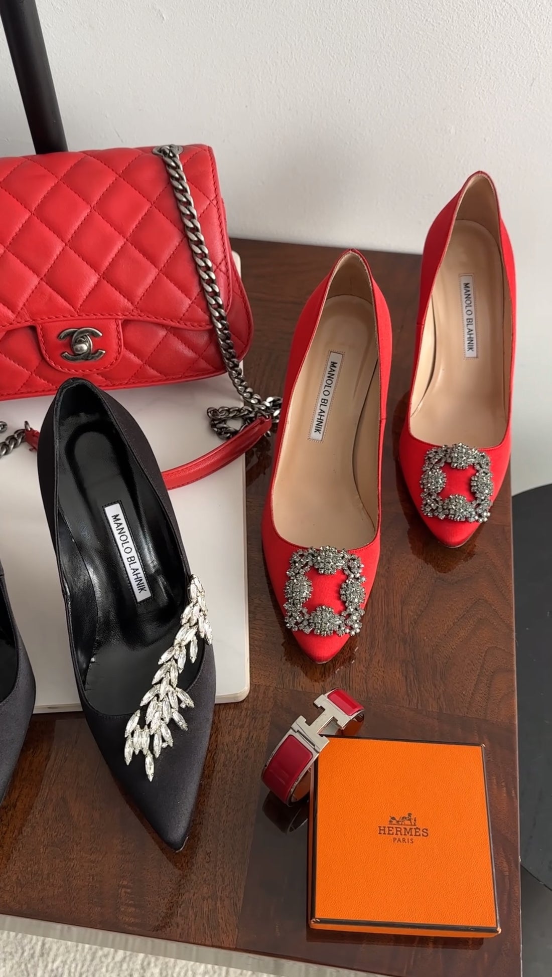Manolo Blahnik Red Silk Satin Crystal Hangisi Pumps - 37