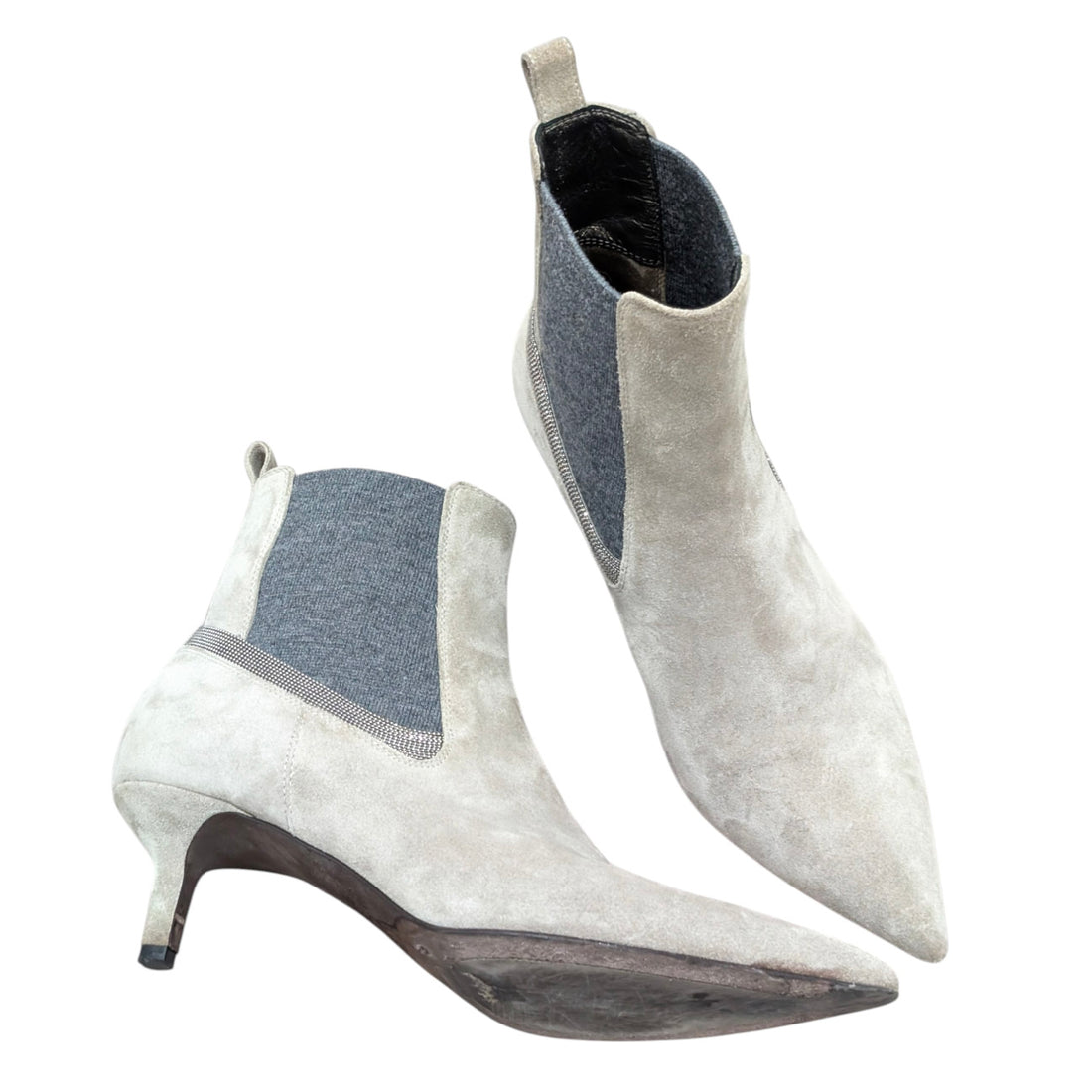 Brunello Cucinelli Grey Suede Monili Pointed Mid Heel Ankle Boot - 36.5