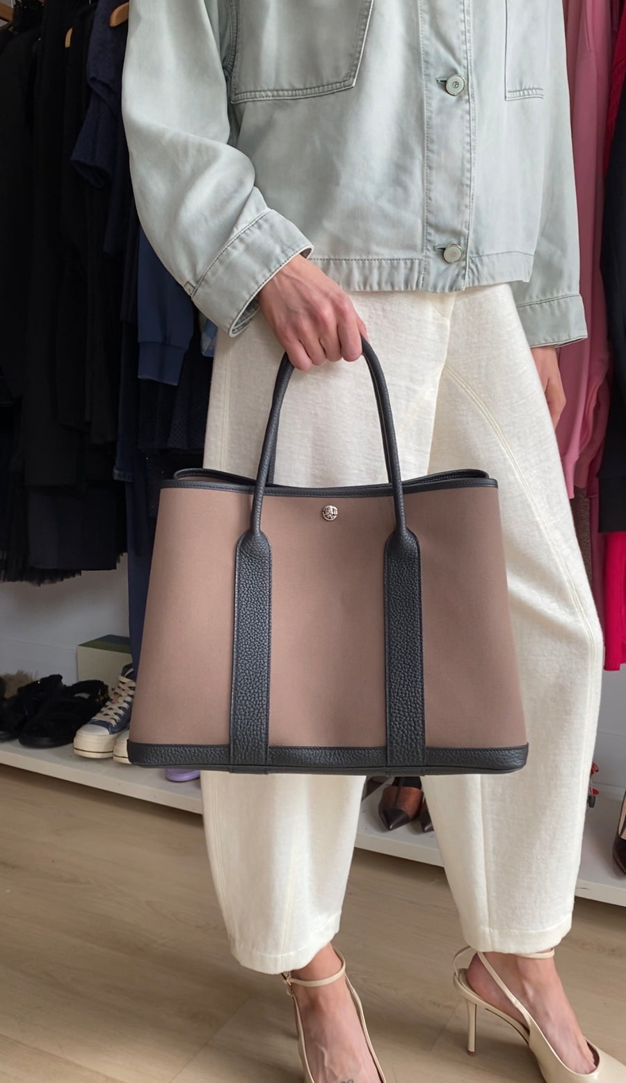 Hermes Garden Party 36 Etoupe Toile Canvas and Black Leather Tote Bag 2025