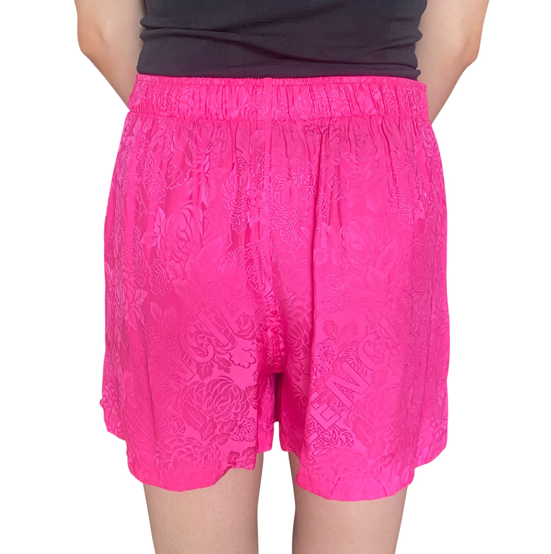 Balenciaga Pink Satin Floral Jacquard Logo Pyjama Shorts - 34