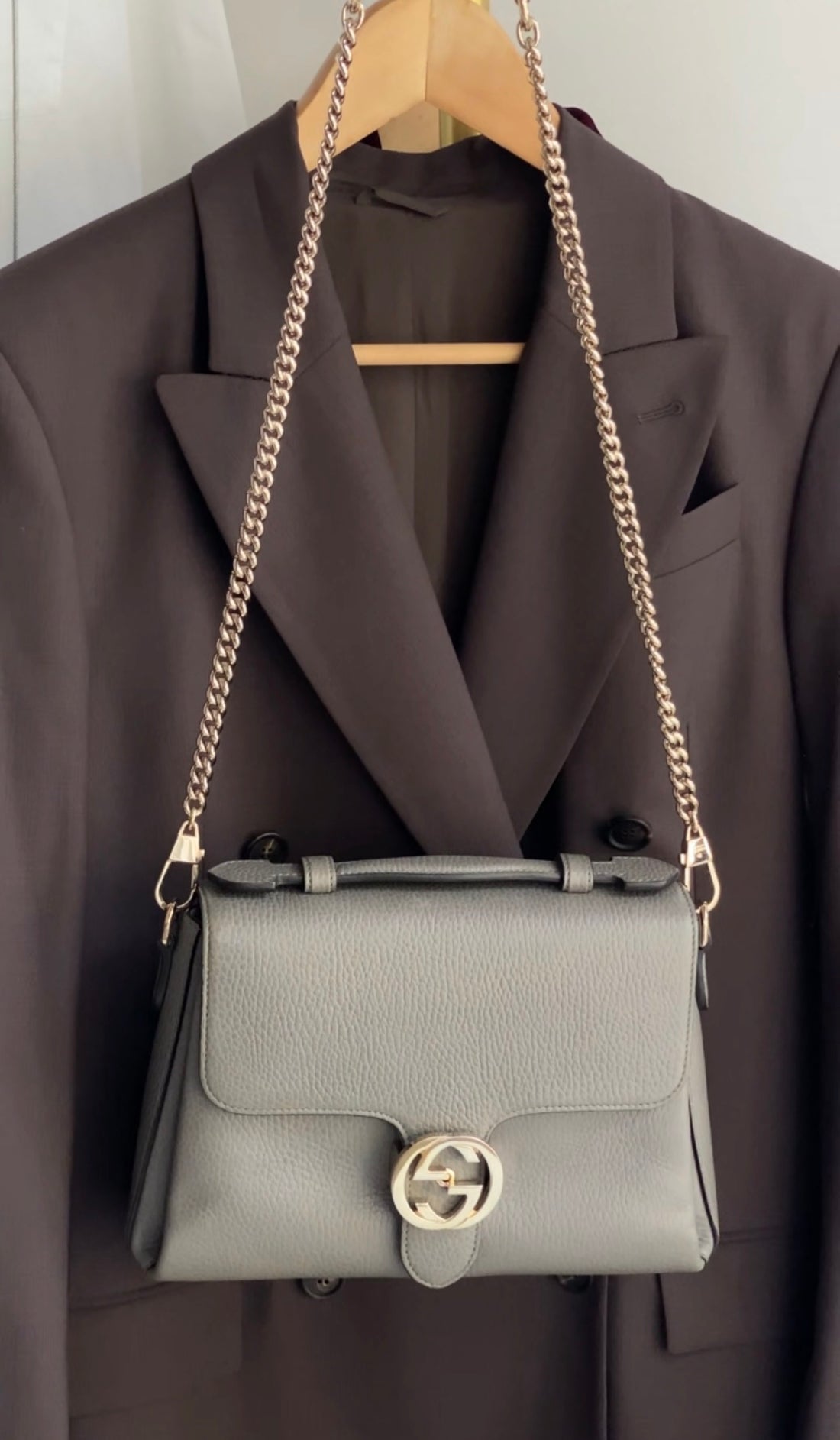 Gucci Grey Calfskin Dollar Interlocking GG Top Handle Chain Shoulder Bag