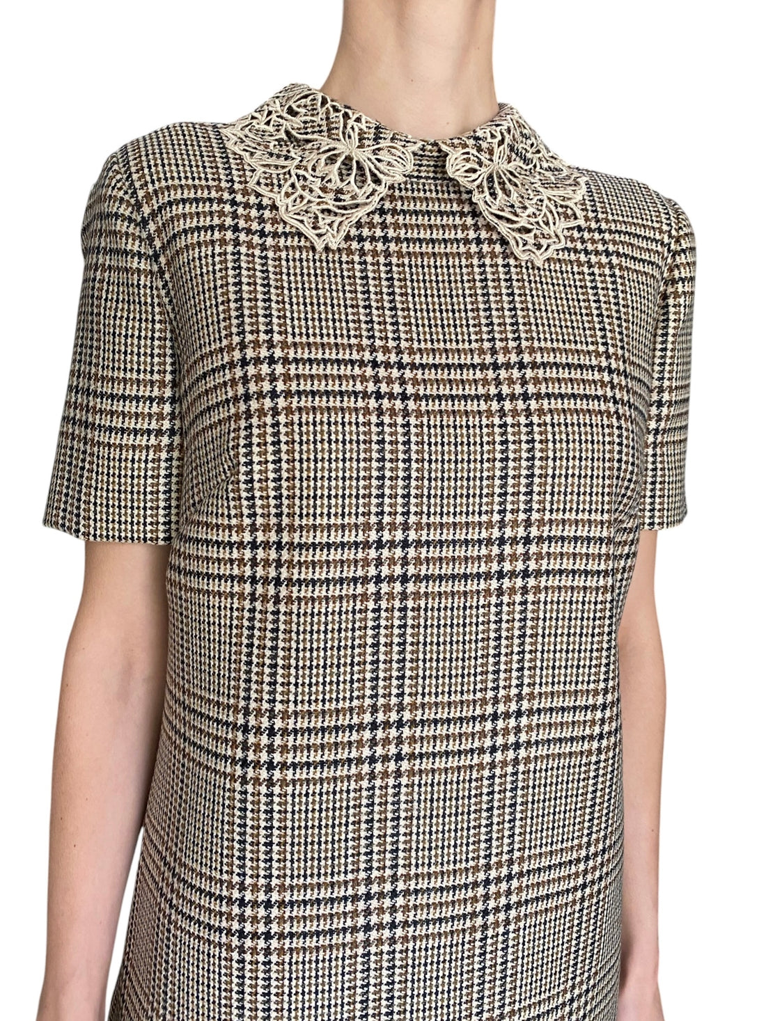 Oscar De La Renta Beige Lace Collar Plaid-Check Mini Shift Dress -  US 6