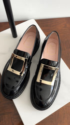 Roger Vivier Black Glossed Leather Viv Rangers Buckle Loafers - 39.5
