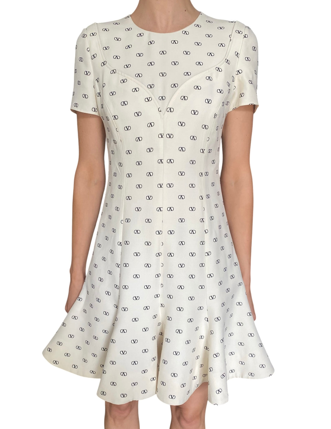 Valentino Ivory Wool & Silk "Logo Godet" Monogram Flared Mini Dress - IT 40 / US 4