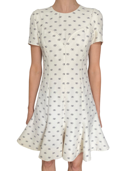 Valentino Ivory Wool & Silk "Logo Godet" Monogram Flared Mini Dress - IT 40 / US 4