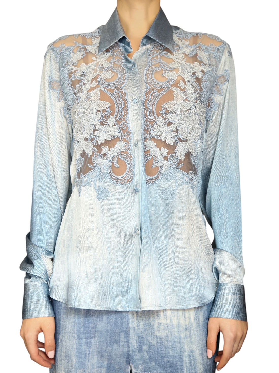 Ermano Scervino Blue Lace Silk Shirt - 44 / US 8