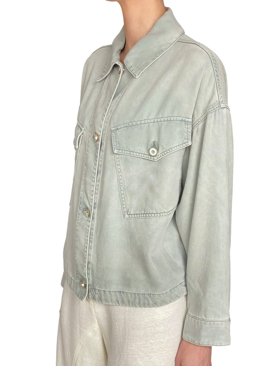 Giorgio Armani Mint Green Denim Chambray Shirt Jacket - 40 / US 6-8