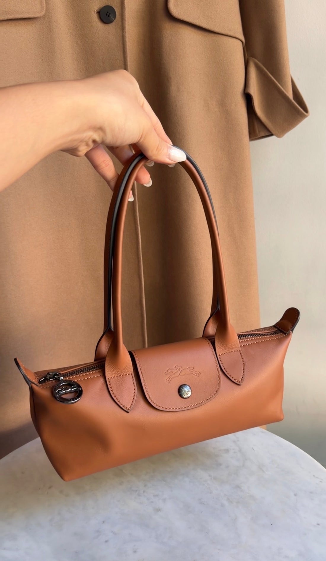 Longchamp Tan Brown Cashew Leather Le Pliage XS Shoulder Bag