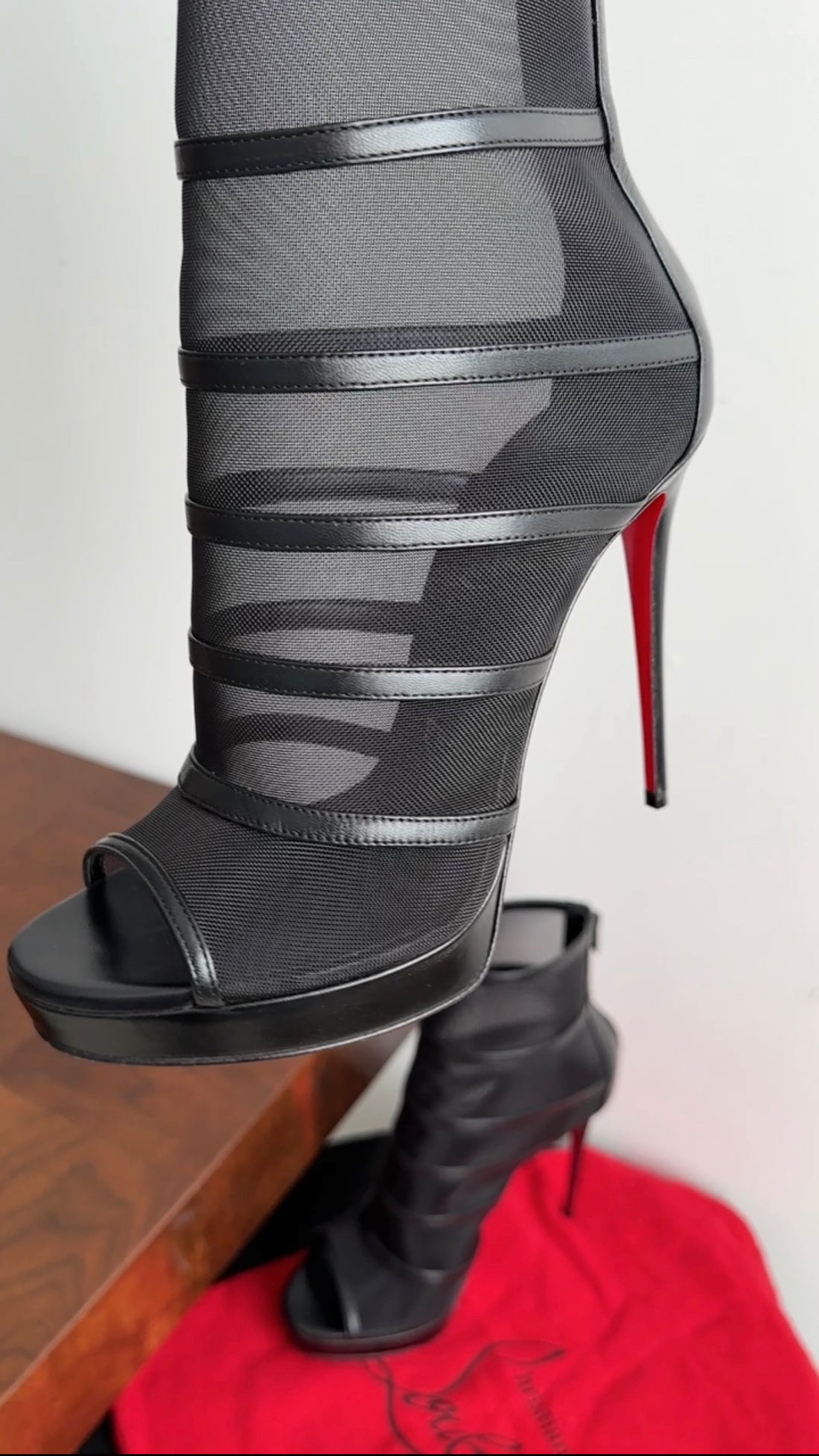 Christian Louboutin Black Leather and Mesh Doux Voile 120 Booties - 38