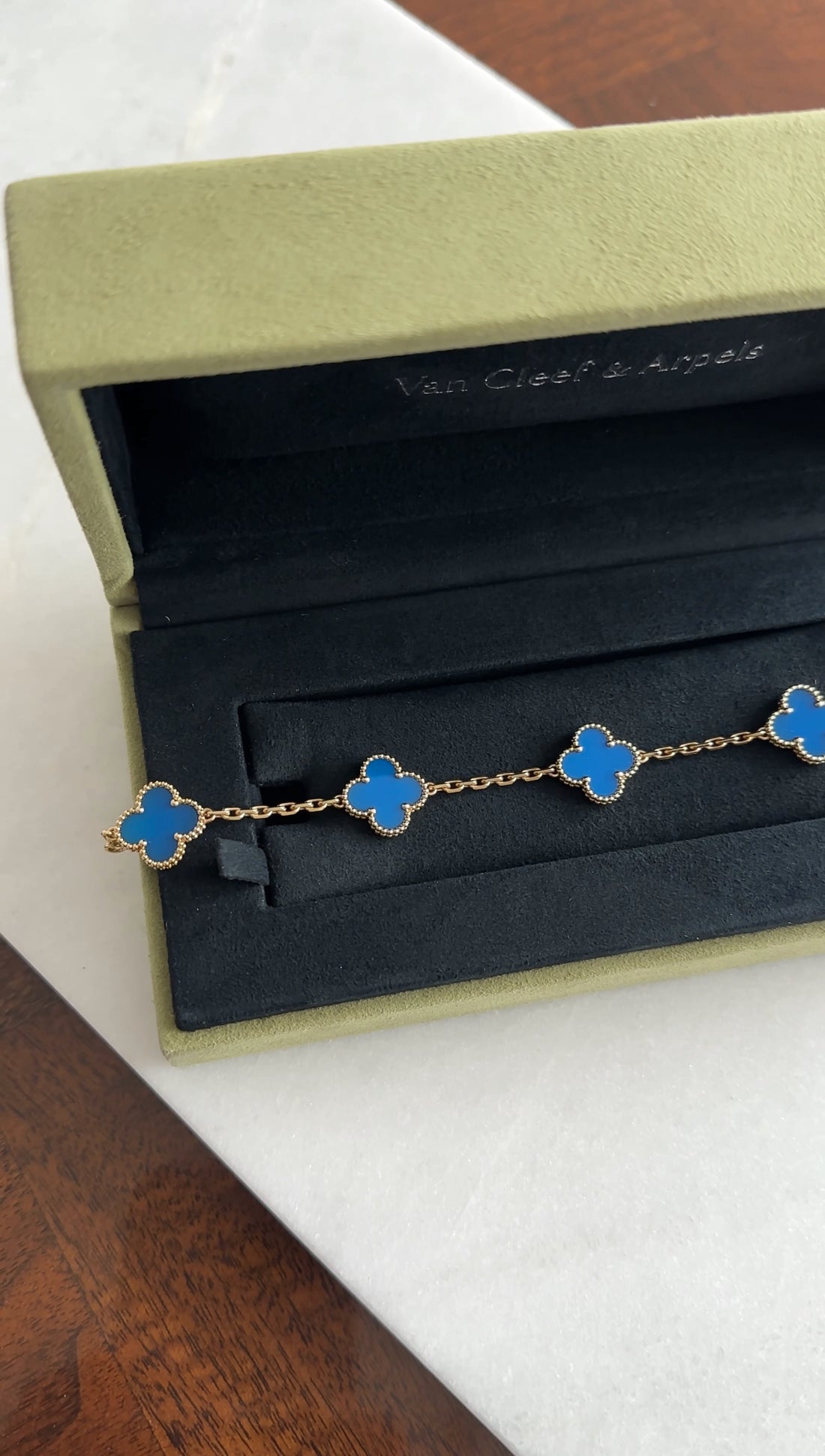 Van Cleef & Arpels 18K Yellow Gold Blue Agate Vintage Alhambra 5 Motif Bracelet