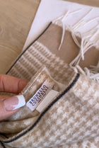 Brunello Cucinelli Beige Houndstooth Brushed Silk Monili Trim Wide Fringed Scarf