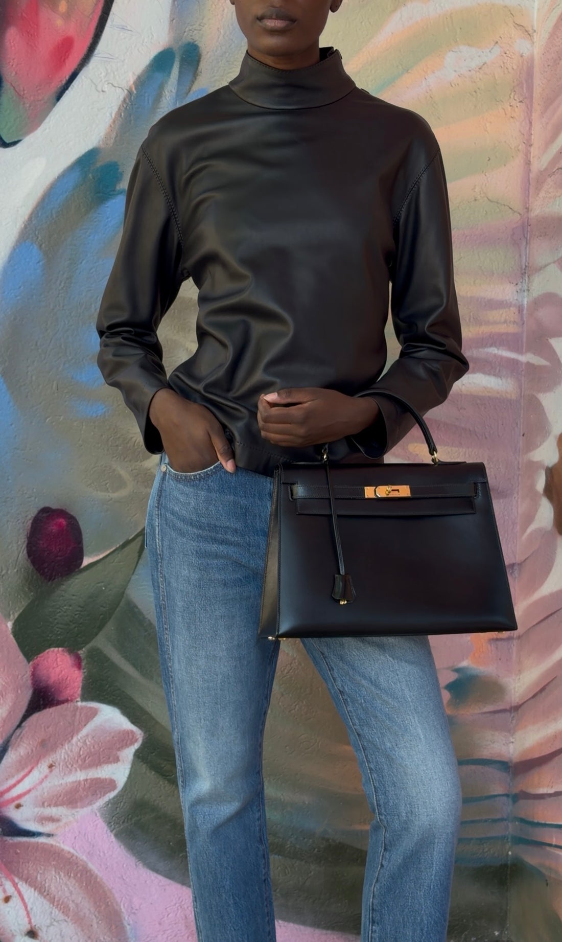 Hermes Black Leather Long Sleeve Shirt with Side Neck Buttons - FR 40 / 8 M