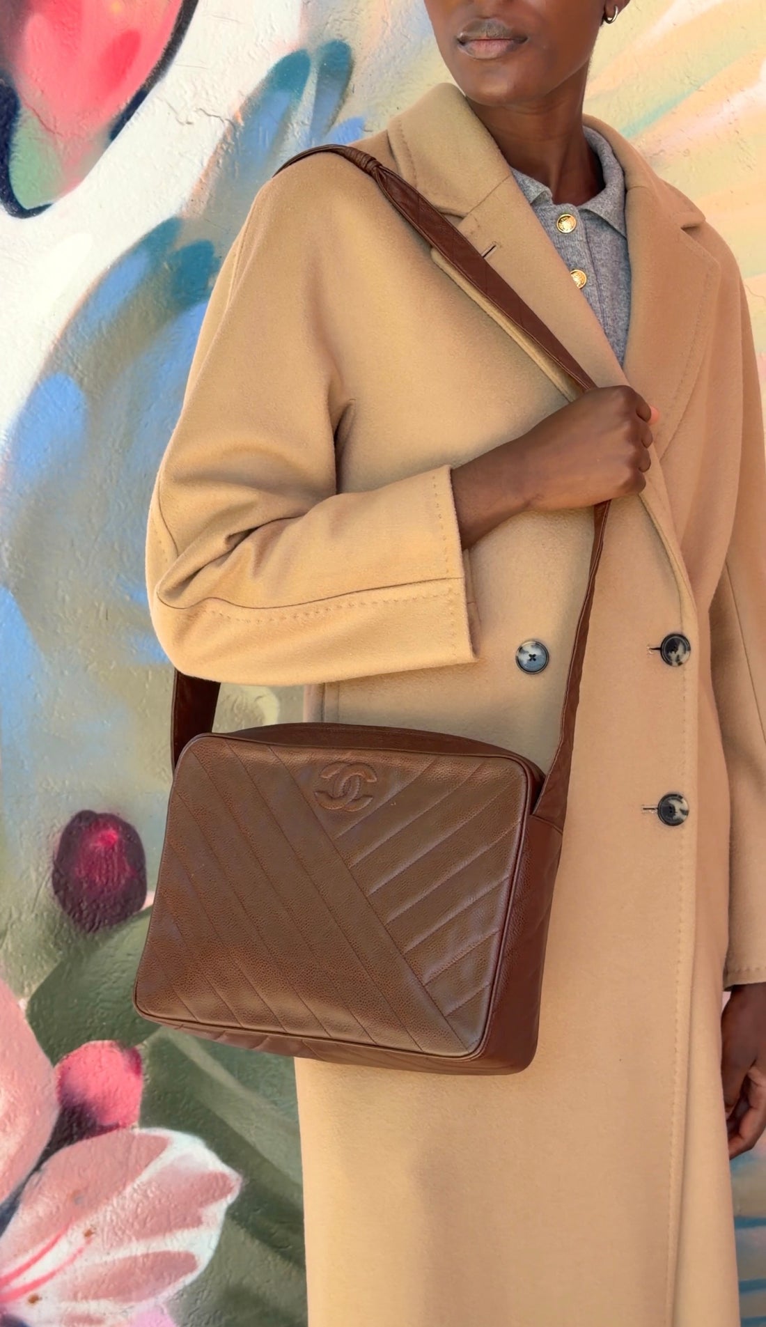 Chanel Brown Vintage 1991 Brown Caviar Leather Chevron Quilted Jumbo Camera Bag