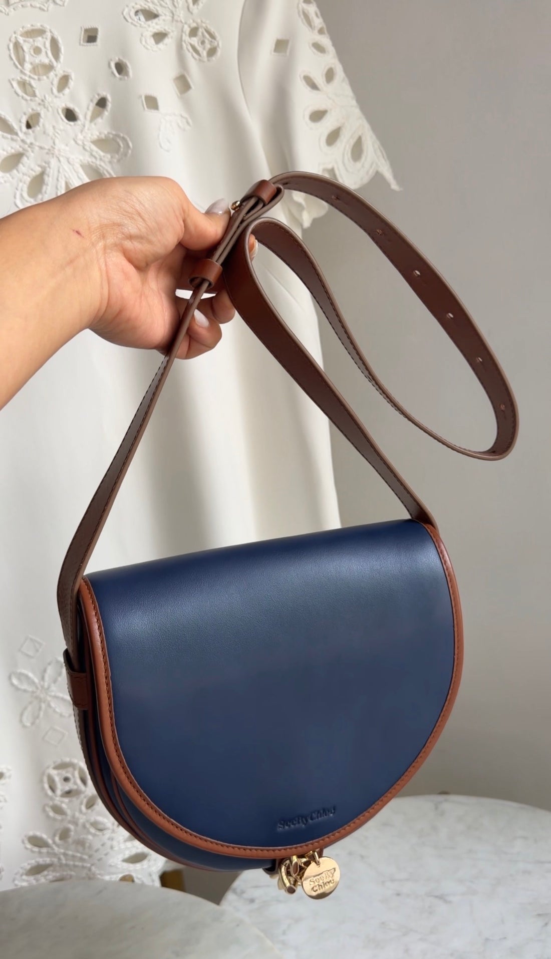 See by Chloe Navy and Tan Brown Leather Gold Chain Mara Saddle Crossbody Bag