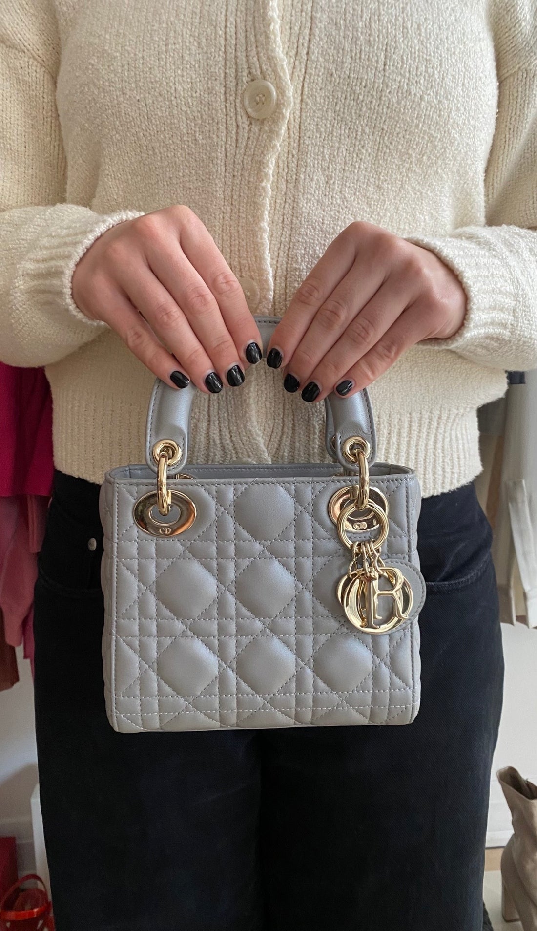 Christian Dior 2020 Pearl Grey Cannage Lambskin Mini Lady Dior Two Way Chain Bag