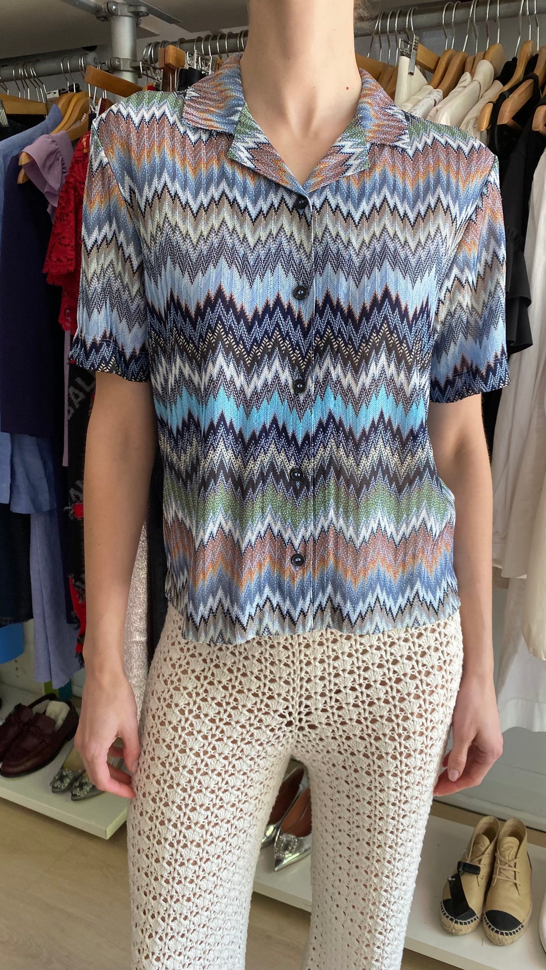 Missoni Blue “Intarsia” Zig Zag Patterned Short Sleeve Shirt - M / US 6