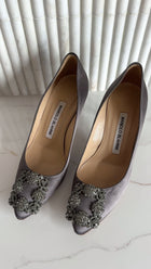 Manolo Blahnik Smoke Grey Silk Crystal Hangisi Pumps - 35.5