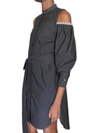 Brunello Cucinelli Crinkled Cotton Exposed Shoulder Belted Shirt Dress - S
