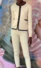 Chanel Ivory Black AW 1991 Vintage Rib Wool Knit Cardigan and Leggings Set -  40 /  M /  8
