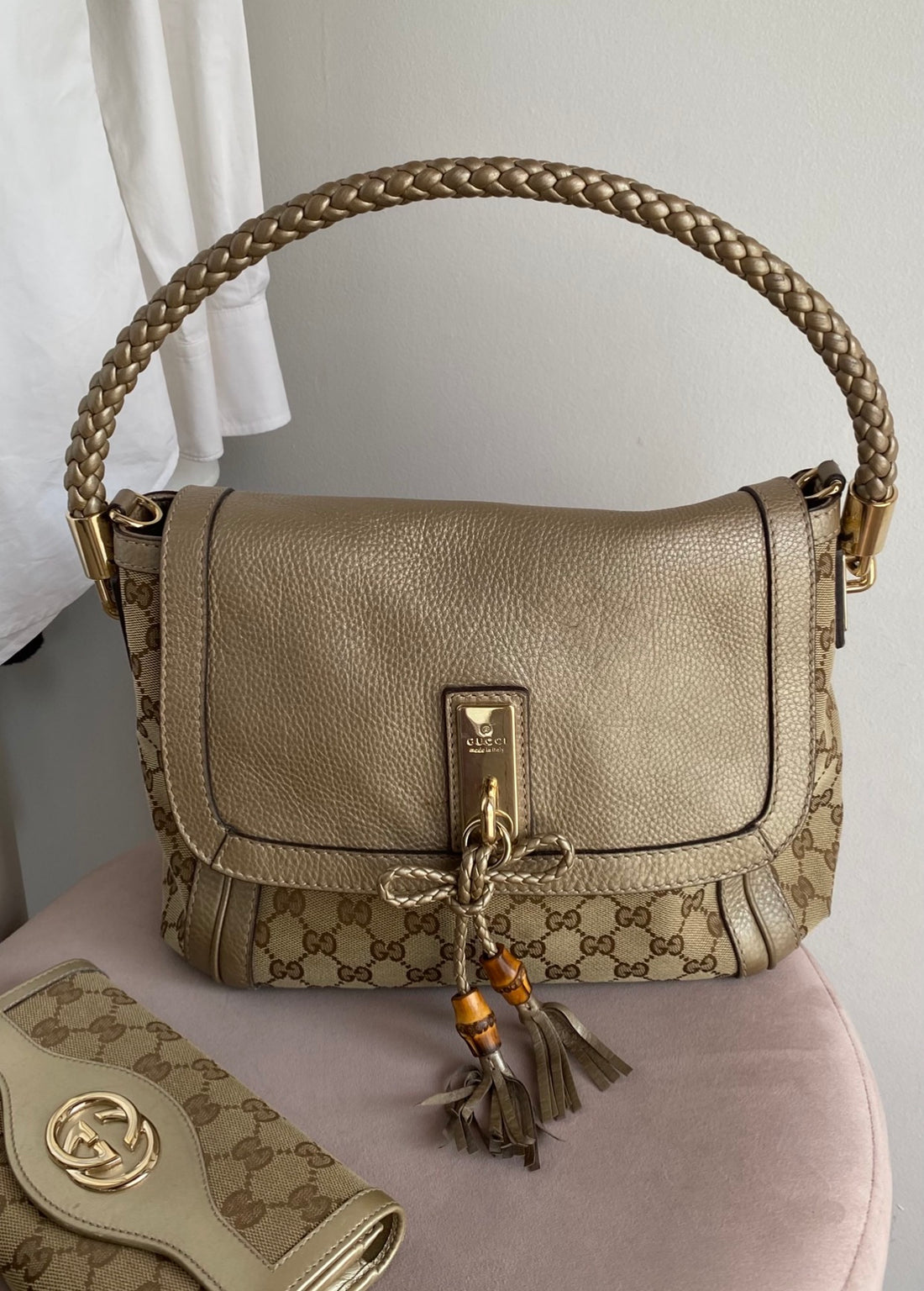Gucci GG Canvas Metallic Taupe Leather Bella Braided Hobo Bag