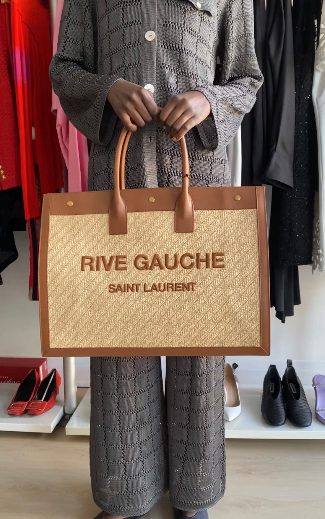 Saint Laurent Rive Gauche Tan Leather and Raffia Large Tote Bag