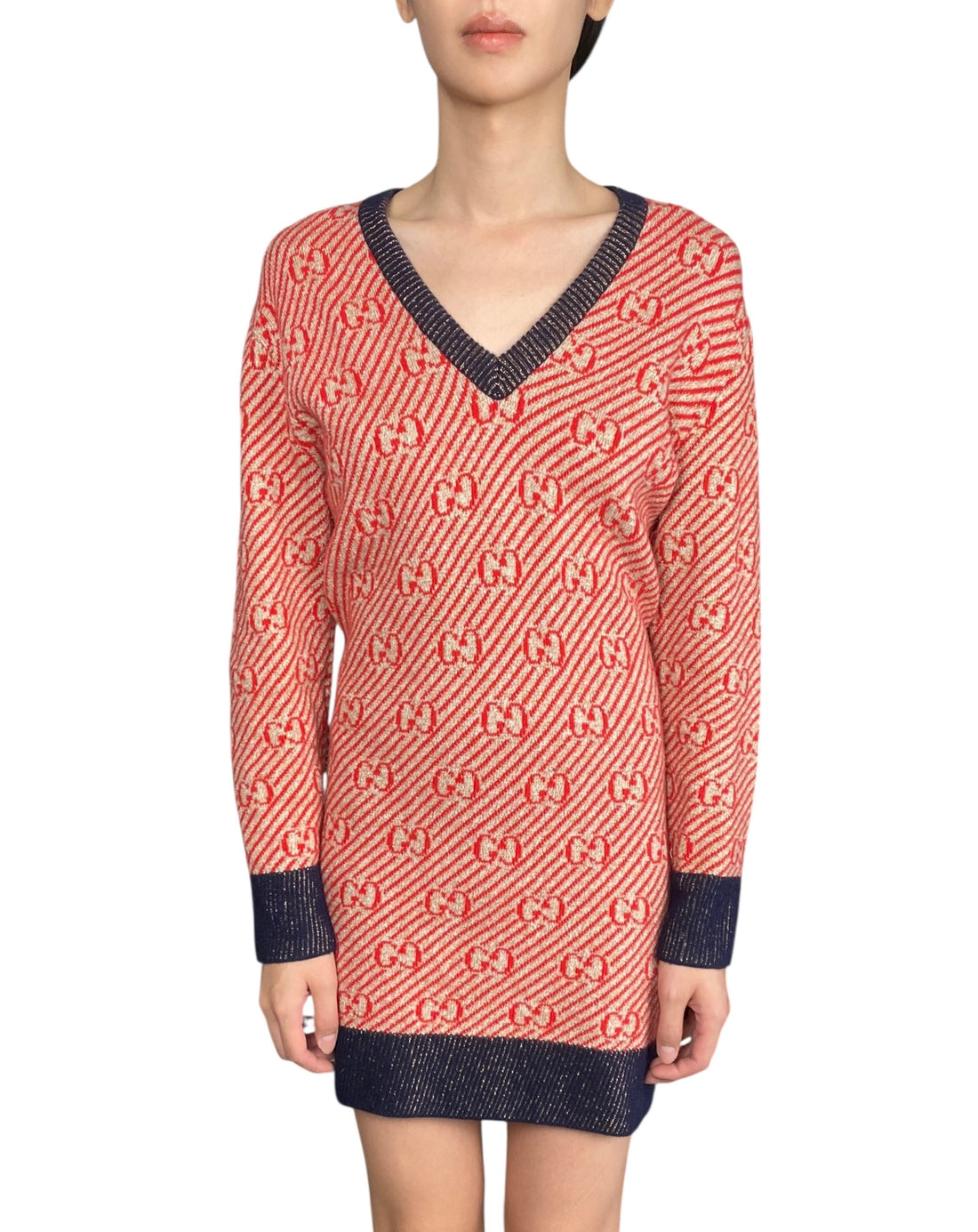 Gucci Red Striped Knit GG Wool Sweater Dress - L