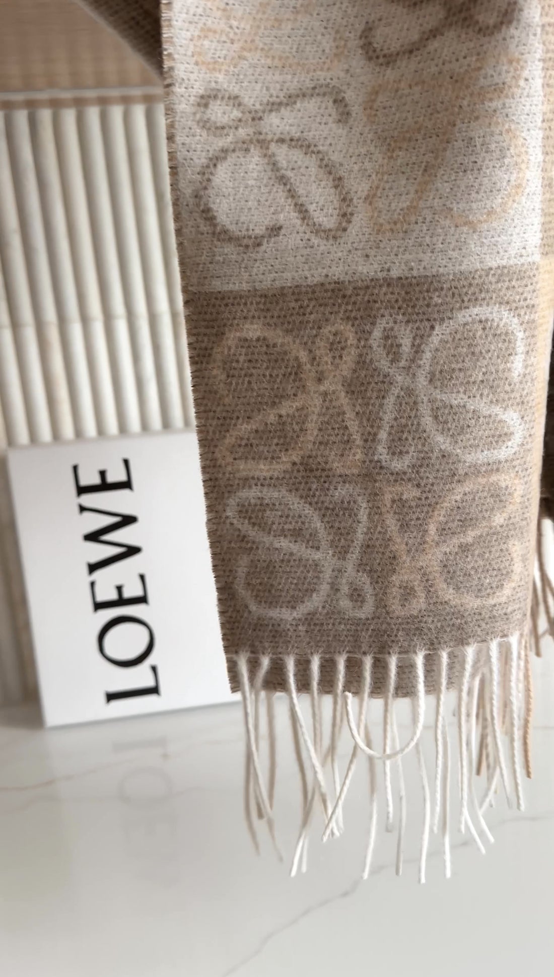 Loewe Taupe Brown Wool And Cashmere Checkerboard Anagram Scarf