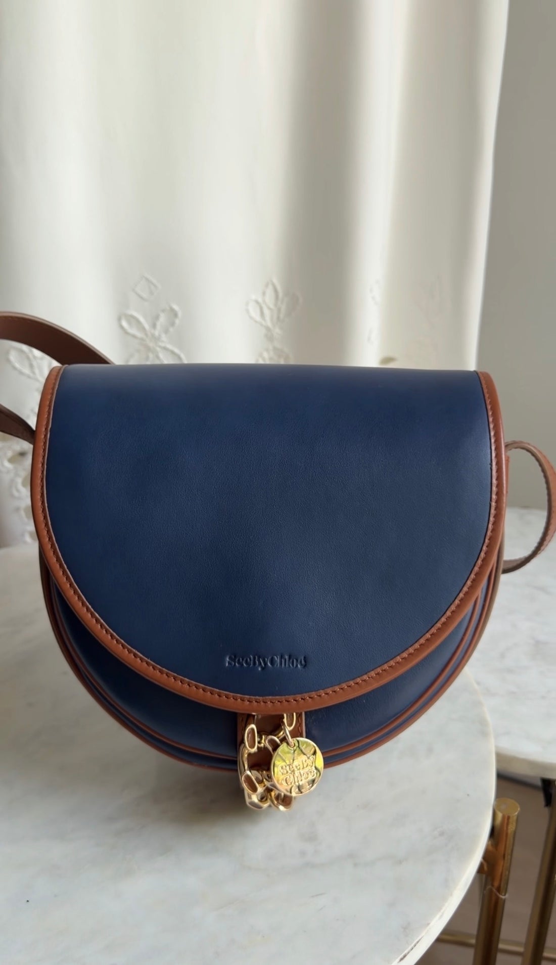 See by Chloe Navy and Tan Brown Leather Gold Chain Mara Saddle Crossbody Bag