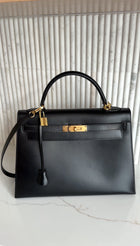 Hermes Vintage 1979 Black Box Calf Leather Sellier Kelly 32 Bag