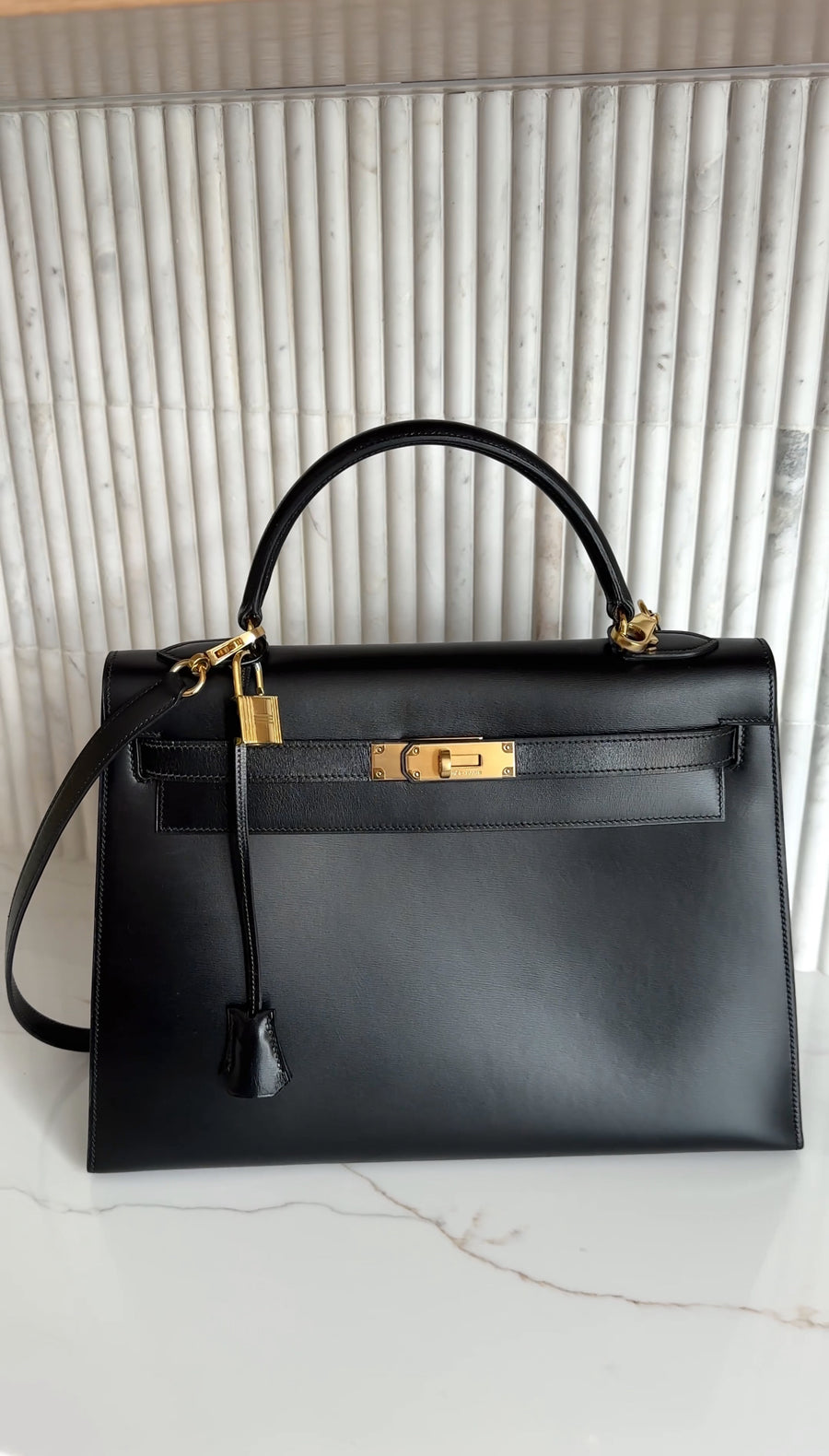 Hermes Vintage 1979 Black Box Calf Leather Sellier Kelly 32 Bag