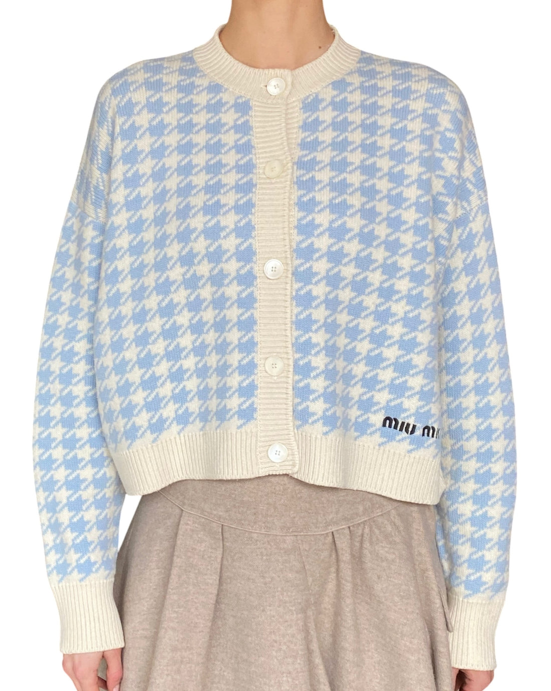 Miu Miu Blue Houndstooth Knit Cashmere Cardigan - IT 36 / US 4