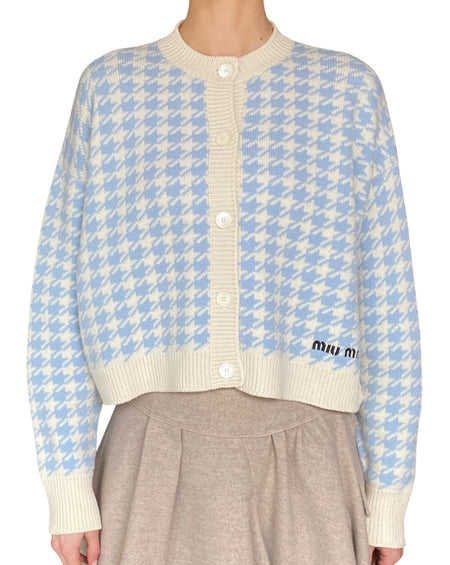 Miu Miu Blue Houndstooth Knit Cashmere Cardigan - IT 36 / US 4