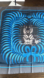 Hermes Silk Twill 140cm Giant Shawl Scarf Tigre Royal Blue Graphite, Beige