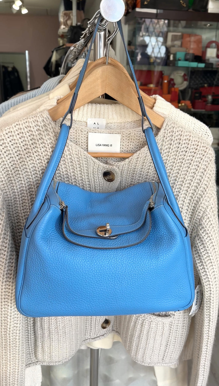 Hermes Blue Jean Clemence Leather Lindy 30 Bag PHW