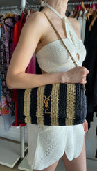 Saint Laurent Natural Beige and Black Stripe Raffia Monogram Reversible Chain Flap Bag