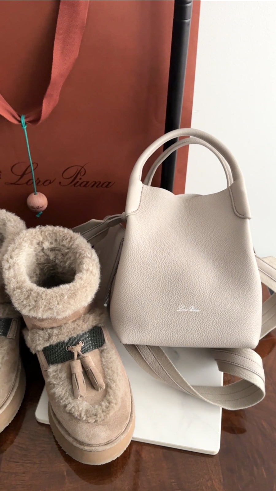 Loro Piana Small Bale Bag Grained Dust Stone Leather