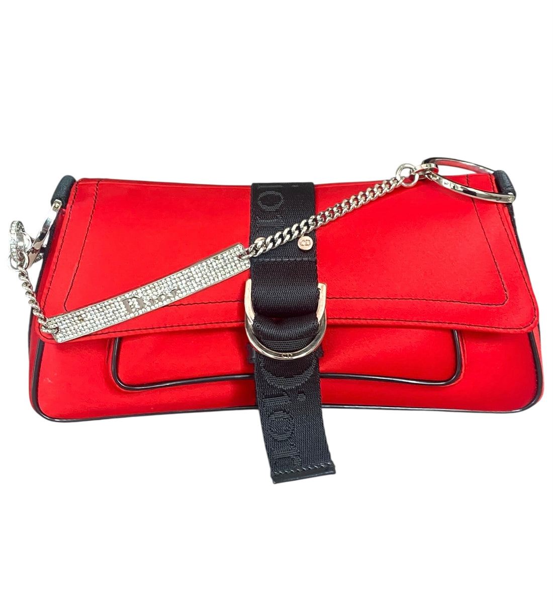 Dior Red Satin Hardcore Mini Rhinestone Chain Bag