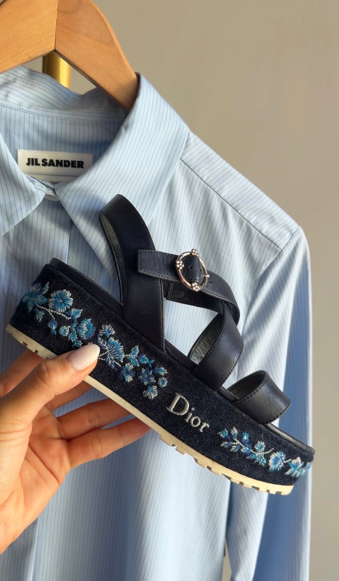 Dior Navy Blue Embroidered Denim Prairie Leather Platform Sandals - 36