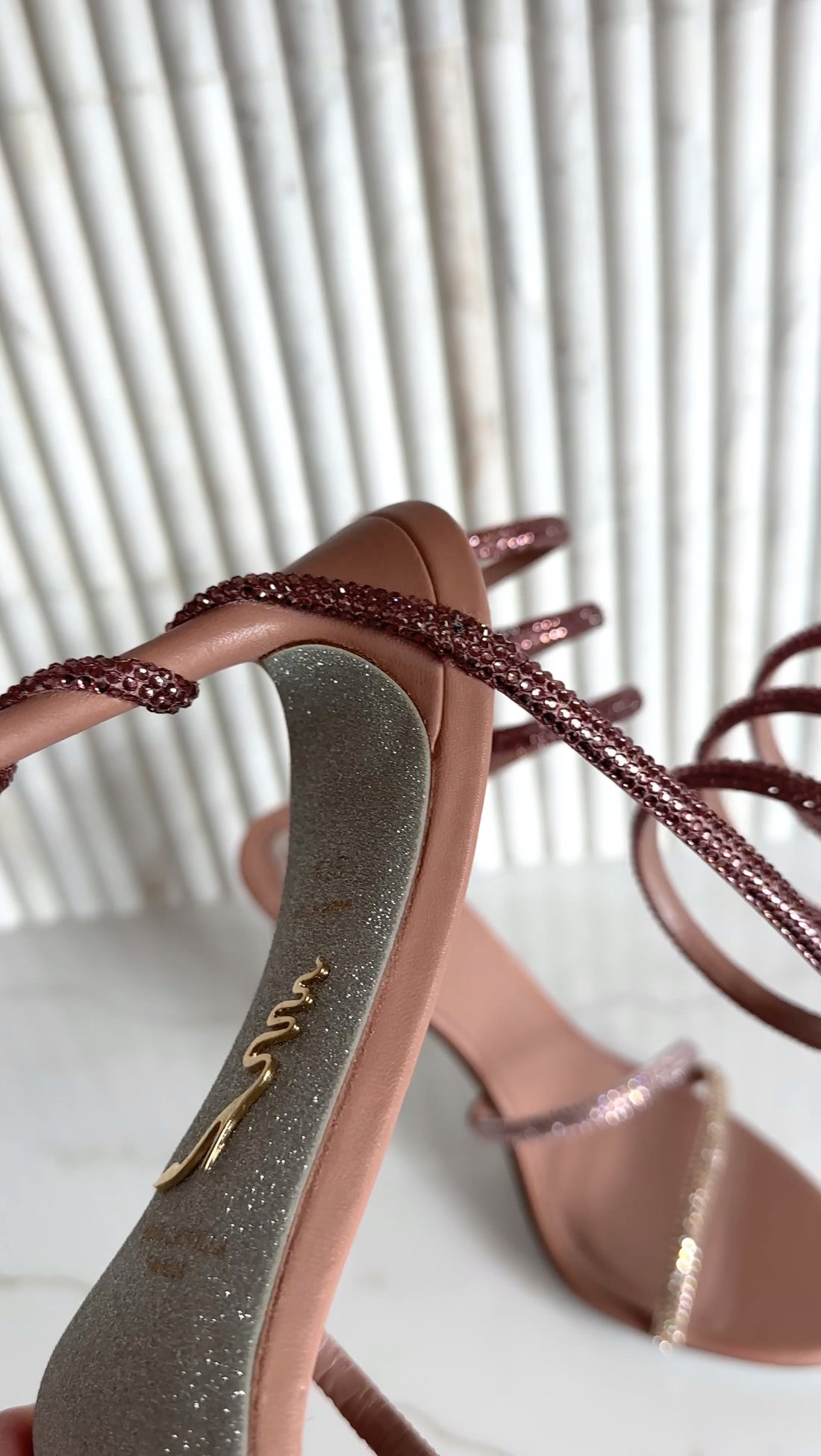 René Caovilla Nude Cleo Strass Crystal Wrap Around Sandals - 37 / 37.5